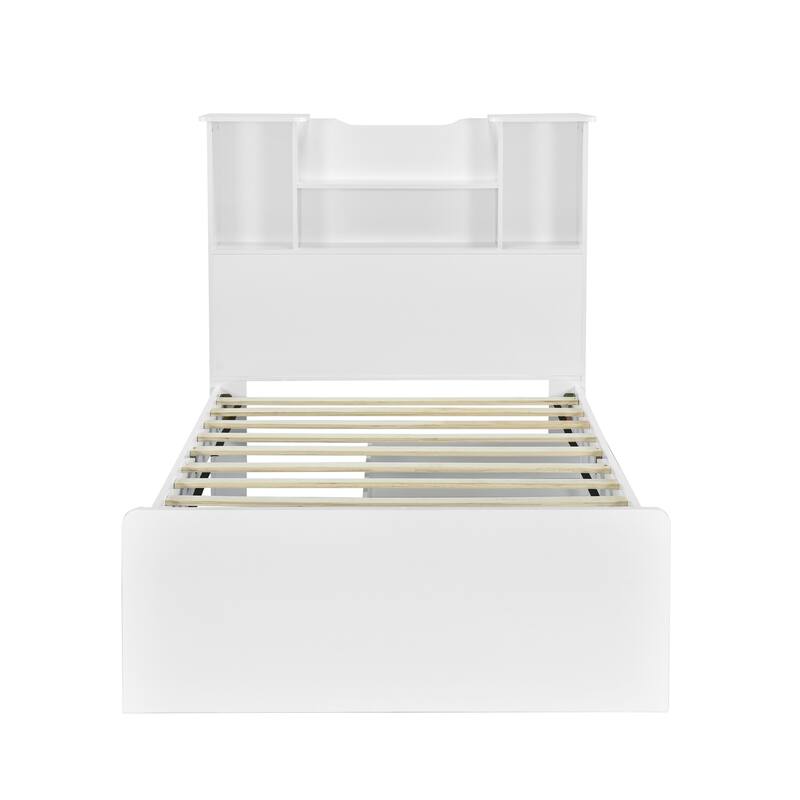 Twin Bed Storage Frame with LED Bookcase Headboard, Wooden Platform Bed