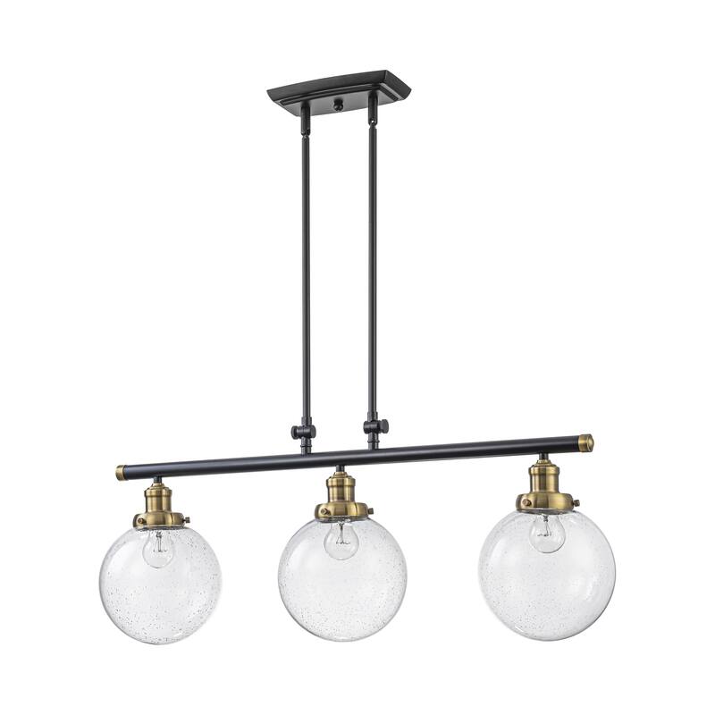 34.5" W 3-Light Industrial Black and Gold Linear Adjustable Island Pendan Light with Clear Seeded Glass Globe for Dining Room