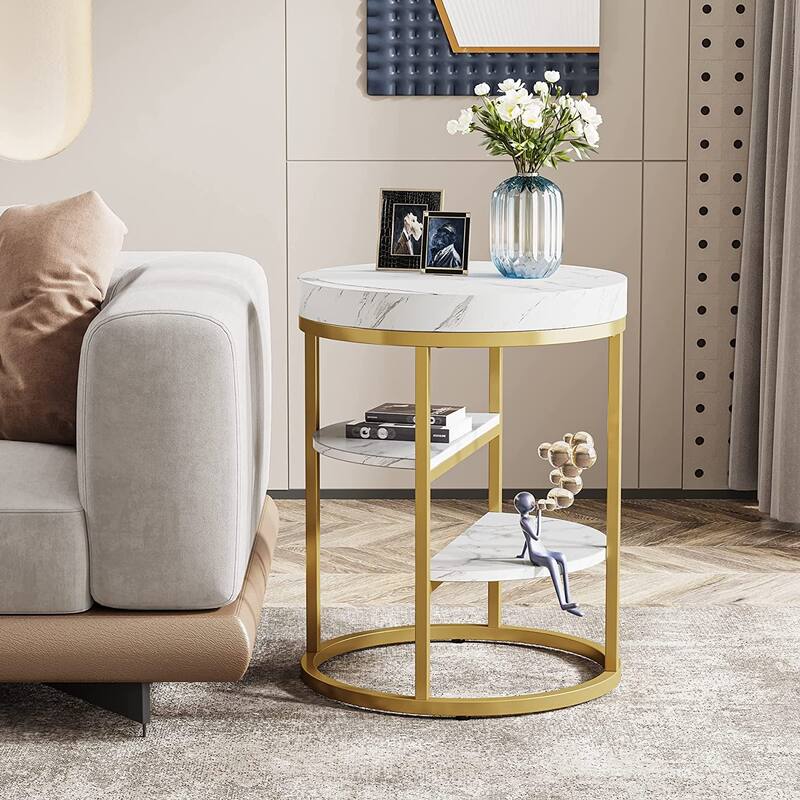 Round End Table, 3 Tiers Side Table with Storage for Living Room