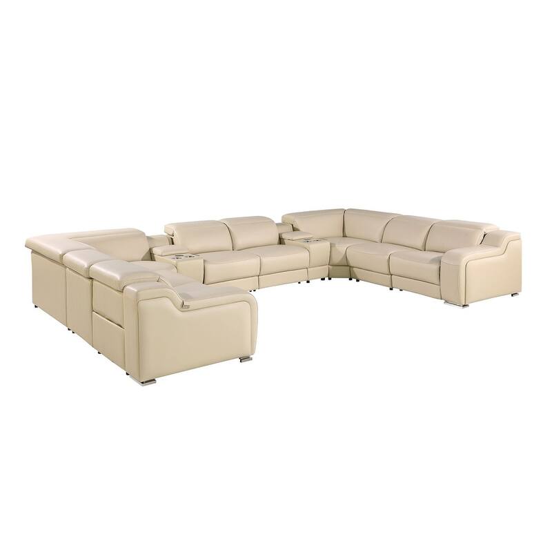 HomeRoots Beige Italian Leather Power Reclining U Shaped Ten Piece Corner Sectional With Console