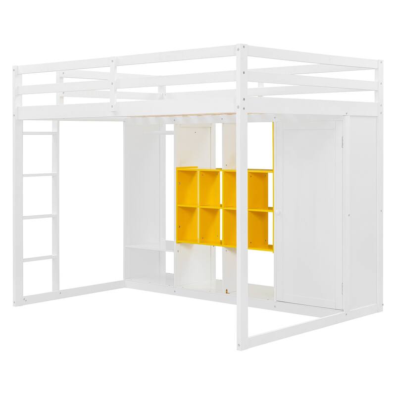 Twin/Full Size Versatile Loft Bed with Wardrobe, Storage Bed Frame with Multi-Shelves and Clothes Hanging Rod