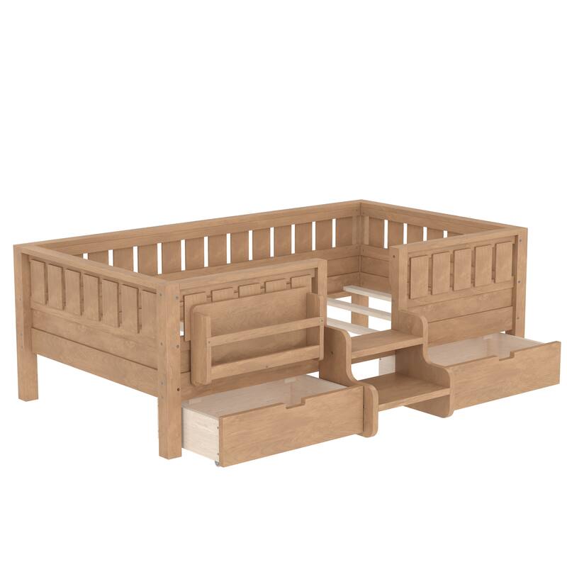 Multiple Colors Toddler Montessori Bed Children's Platform Bed with Low Profile Stairs, Built-in Bookshelf and Storage Drawers