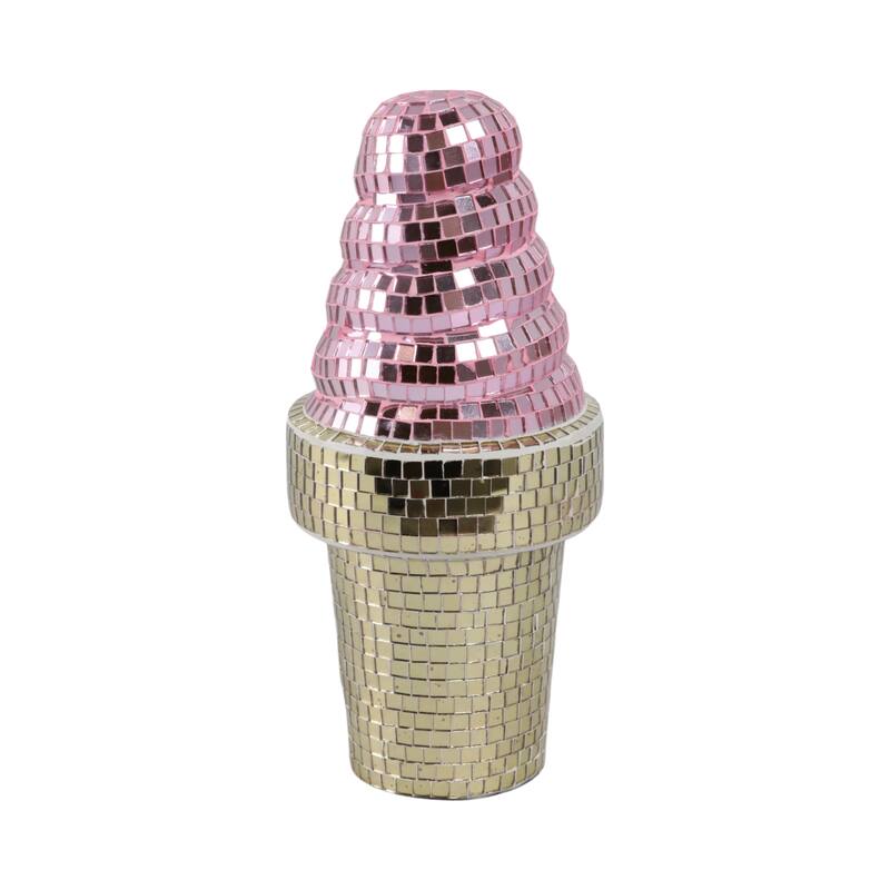 Glass Wood Figurine Mosaic Ice Cream Cone for Home Decor - 9" Pink - 4.25" x 4.25" x 9"