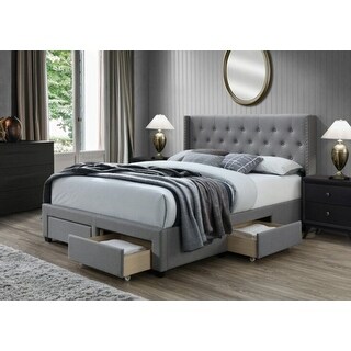 Bardy Beige or Grey Wingback Tufted Upholstered 4 Drawer Storage Bed