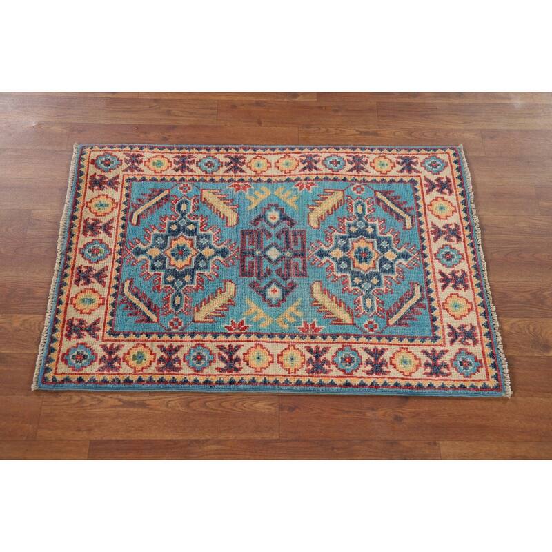 Hand Knotted Oriental 100% Wool Carpet Traditional Geometric Navy Blue & Blues Kazak Area Rug - 3' 0'' X 2' 0''