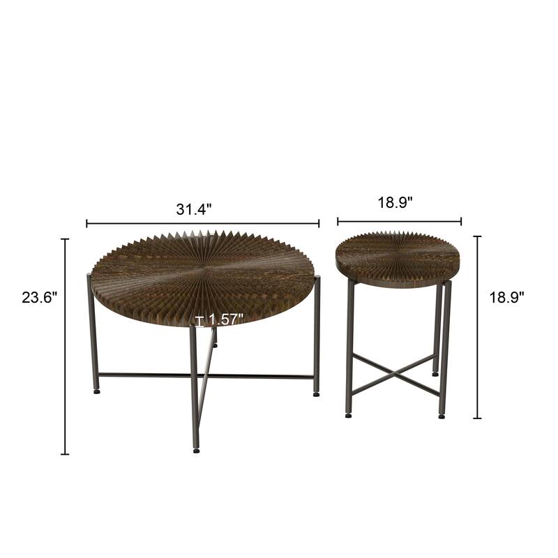 2-Piece Coffee and End Table Set - Waterproof MDF with PVC Cover, Distressed Cylindrical Design