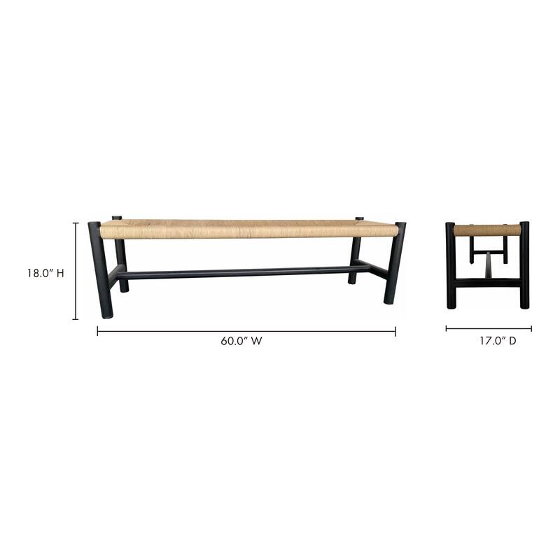 NADAAL STUDIOS Mayor Bench, Rectangular Solid Elm Frame with Woven Natural-Fiber Rope Seat, Large, Black