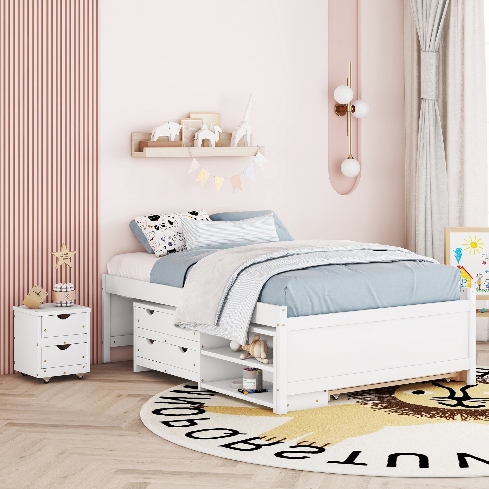 3 Pieces Kids Bedroom Sets Full Size Bed Frame Mattress Foundation with Storage Box 1 Nightstand Pull Out Twin Size Trundle