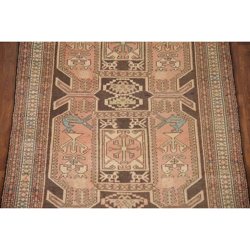 Animals Tribal Ardebil Persian Vintage Runner Rug Handmade Wool Carpet - 4'0"x 10'2"
