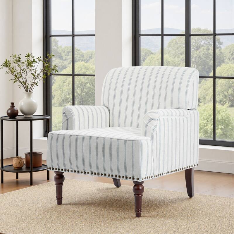 Linen Upholstered Armchair Nailhead Trim Accent Chair - PINSTRIPE LIGHT BLUE - SINGLE