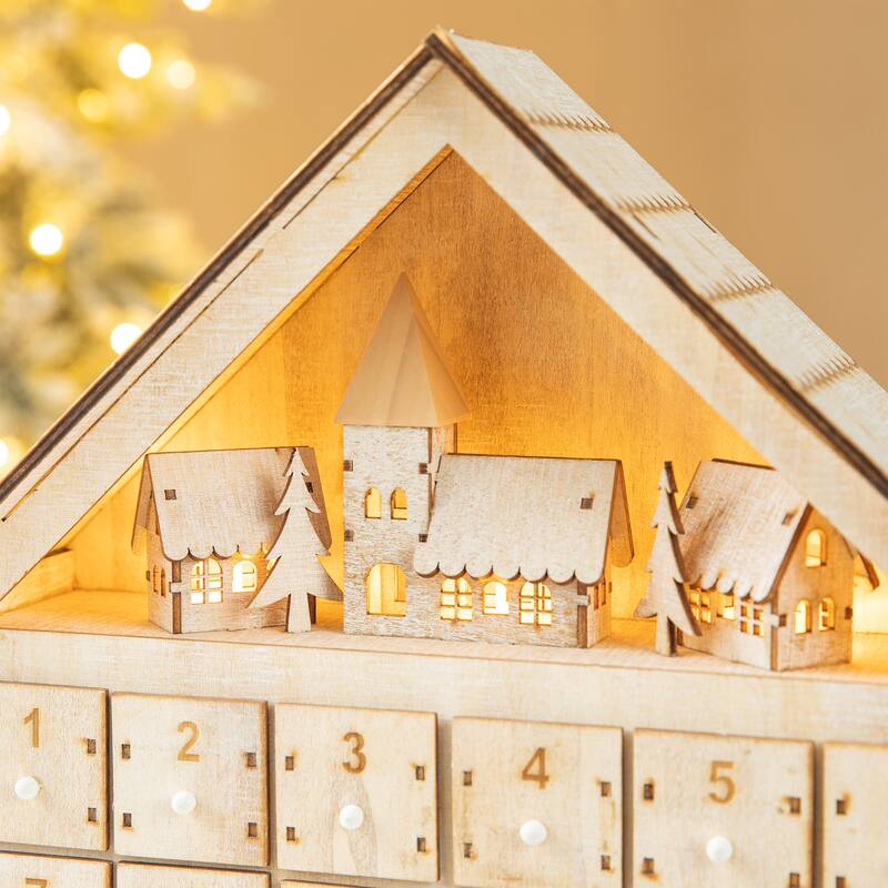 Glitzhome Christmas Wooden LED Farmhouse Countdown Advent Calendar with Drawer