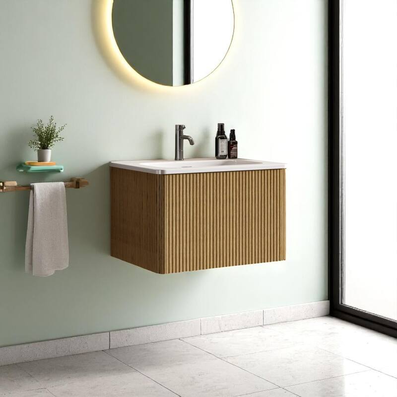 36" Floating Bathroom Vanity, Integrated Ceramic Sink, Push-Open Drawer & U-Shape Wall Fitting,Wall-Mounted MDF Vanity Cabinet