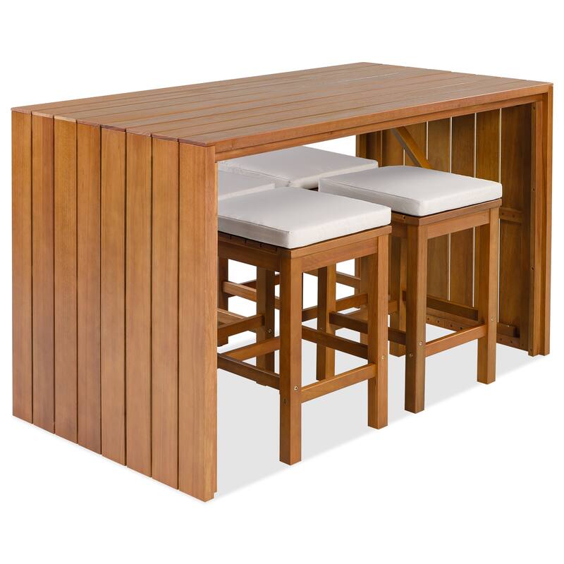 Roomfitters 5 Piece Outdoor Bar Set with High Top Dining Table and 4 Cushioned Backless Stools, Patio Furniture, Beige+Natural