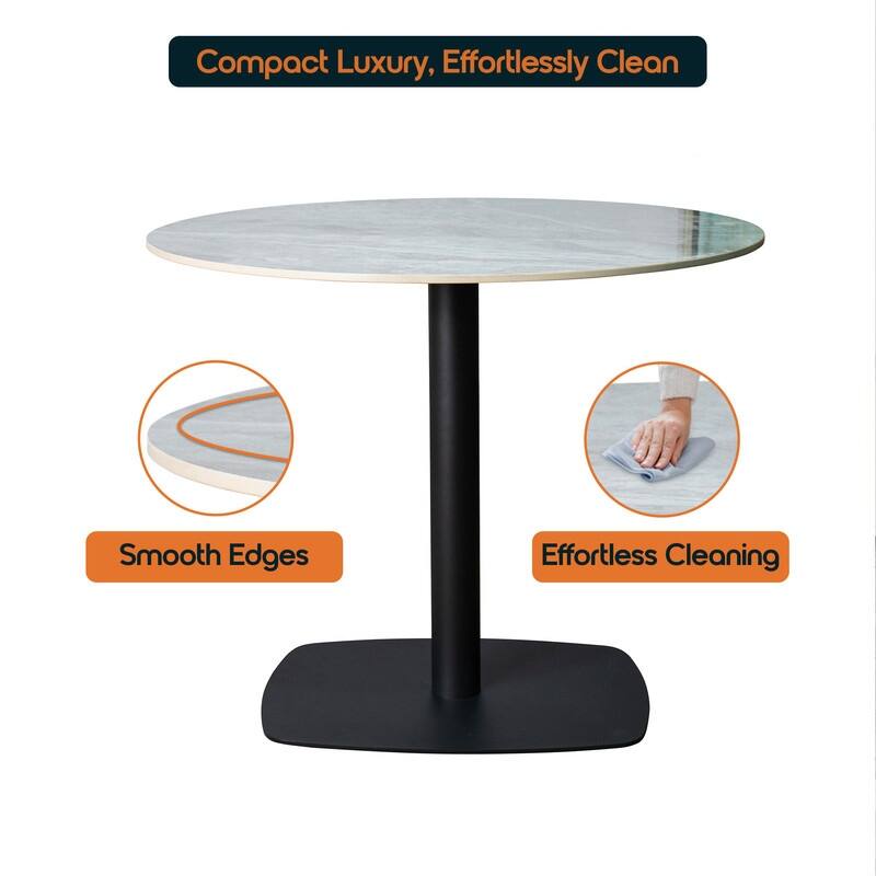 Vail Round Dining Table 36 in. Sintered Stone Tabletop in Black Stainless Steel Square Pedestal Base for Kitchen and Dining Room