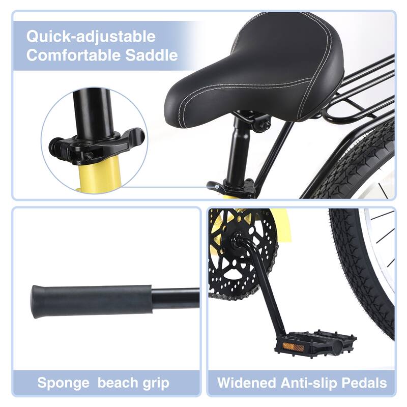 Men's Beach Cruiser - Steel Frame, Single Speed, Wide Wheels, Rear Coaster Brakes, Multiple Colors - 26