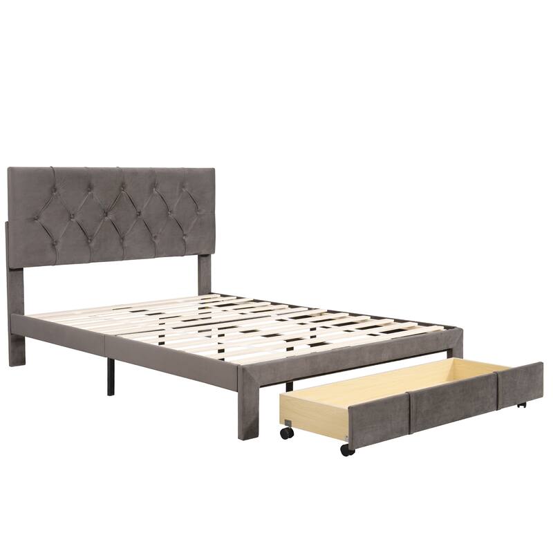 Storage Bed Velvet Upholstered Platform Bed with a Big Drawer