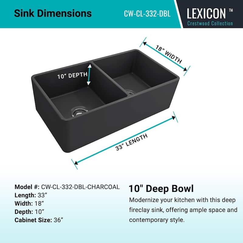 33 x 18 Inch Crestwood Farmhouse Sink, Charcoal Fireclay Kitchen Sink, Double Bowl Apron Front, Plain Farm Sink - 33x18