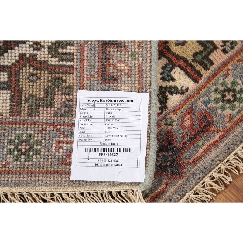 Geometric Heriz Serapi Indian Accent Rug Handmade Gray Wool Carpet - 2'0"x 3'0"