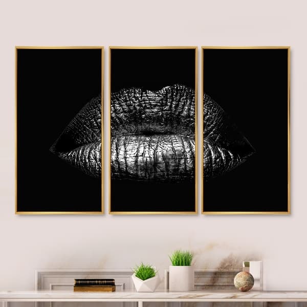 slide 2 of 14, Designart "Sexy Golden Metallized Female Lips I" Modern Framed Canvas Wall Art Set of 3 - 4 Colors of Frames 36 in. wide x 20 in. high - 3 Panels - Gold