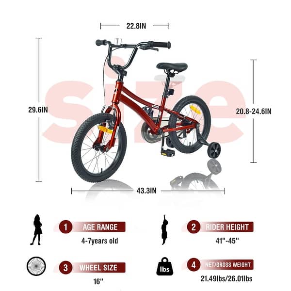 dimension image slide 2 of 4, 16 Inch Road City Bike For Toddlers Kids, Steel Frame Road Bike With Training Wheels, Lightweight Kids City Bike