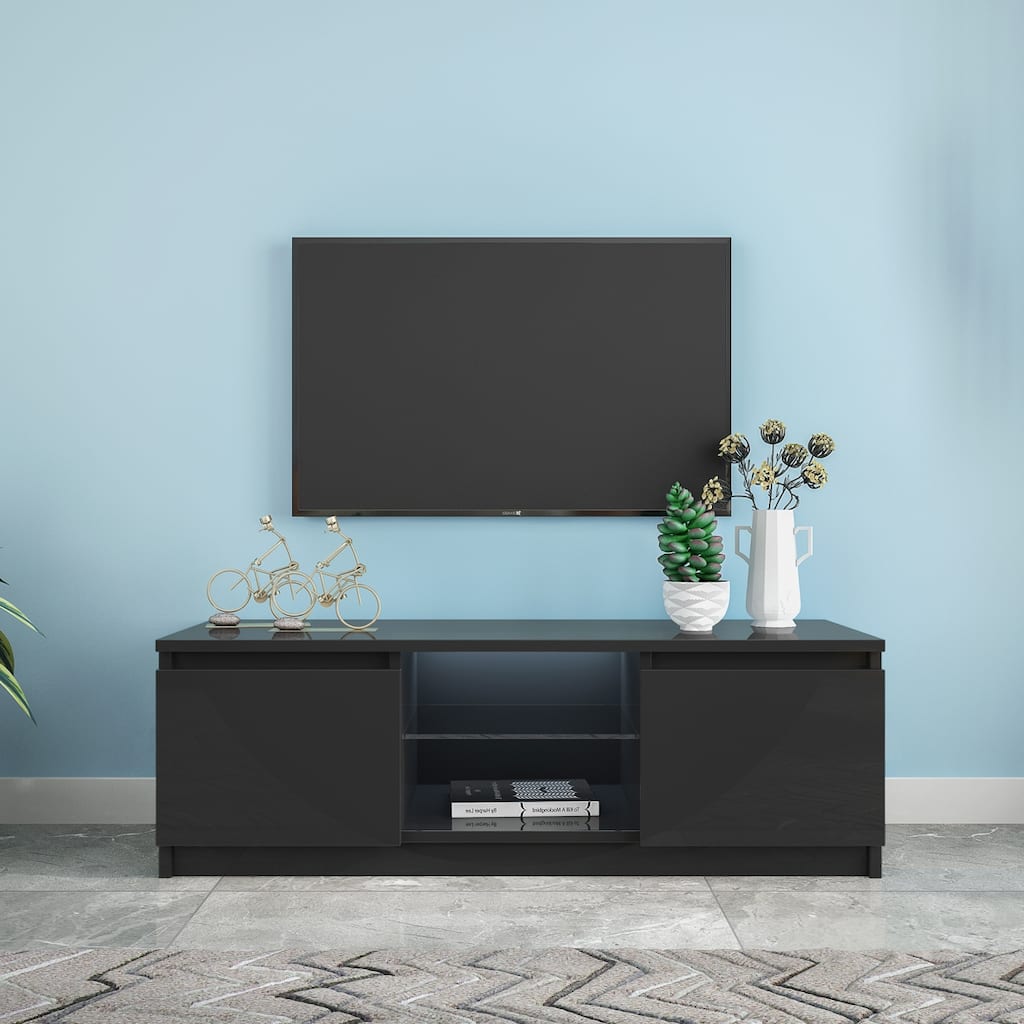 47 inch Modern Entertainment Center Media Cabinet LED TV Stand with 2 Side Drawer, 1 Wood Bottom Shelf & 1 Glass Middle Shelf