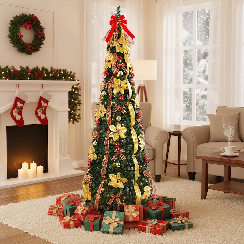 6FT/7FT Pre-Lit Artificial Christmas Tree with Ornaments - 6 Foot - Green/Red bow-6ft