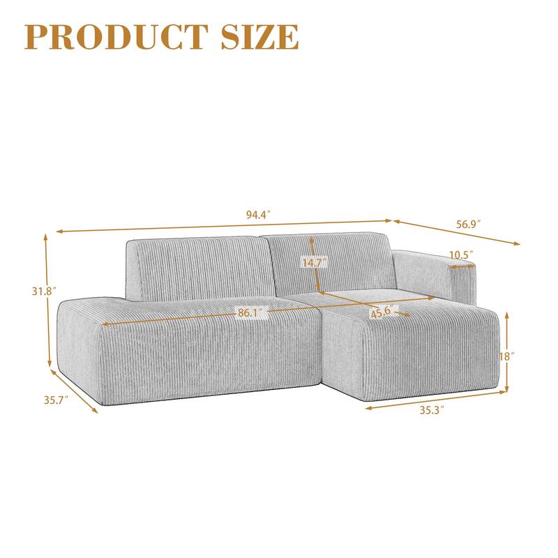 Modern Corduroy Non-Assembly L-Shaped Sectional Sofa Couch with Chaise