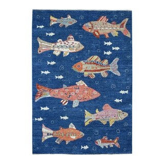 Shahbanu Rugs Navy Blue Afghan Peshawar Oceanic Colorful Fish Design ...