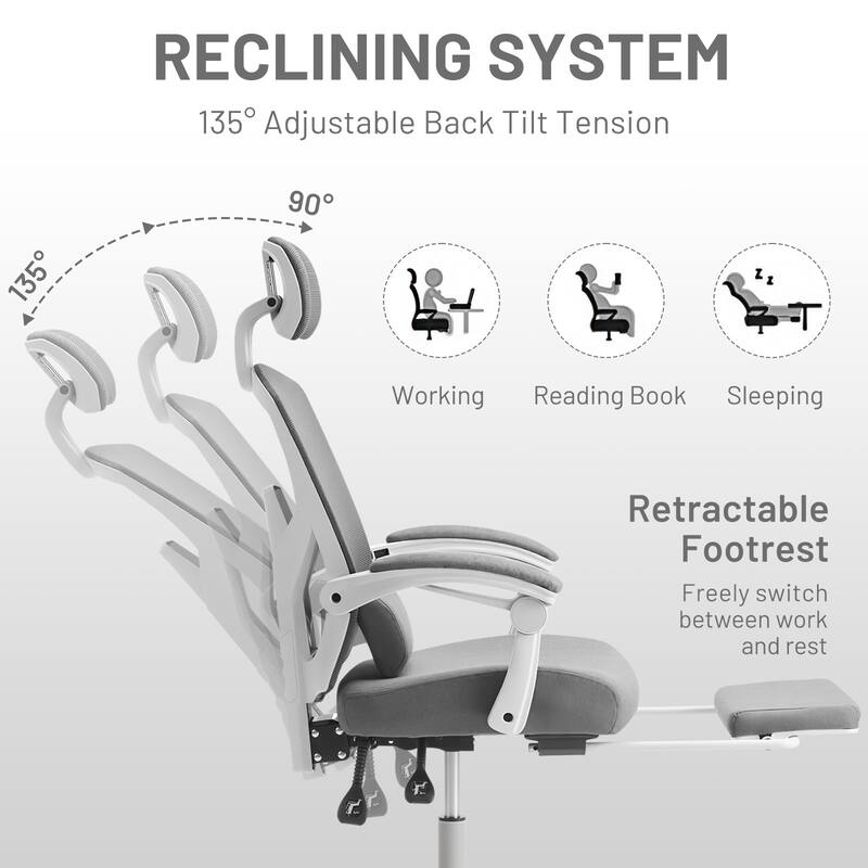 Ergonomic Office Chair with Footrest, High-Back Mesh Rolling Swivel Reclining Chairs Computer Desk Seat