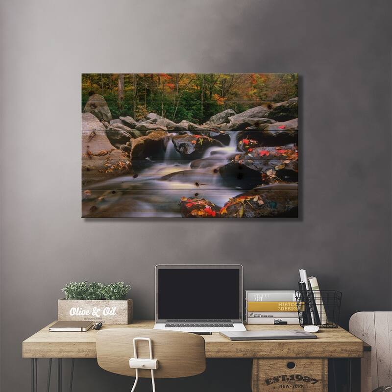 Little Pigeon River, Cascading Among Rocks And Colorful Fall Maple Leaves, Tennessee I Print On Wood by Tim Fitzharris