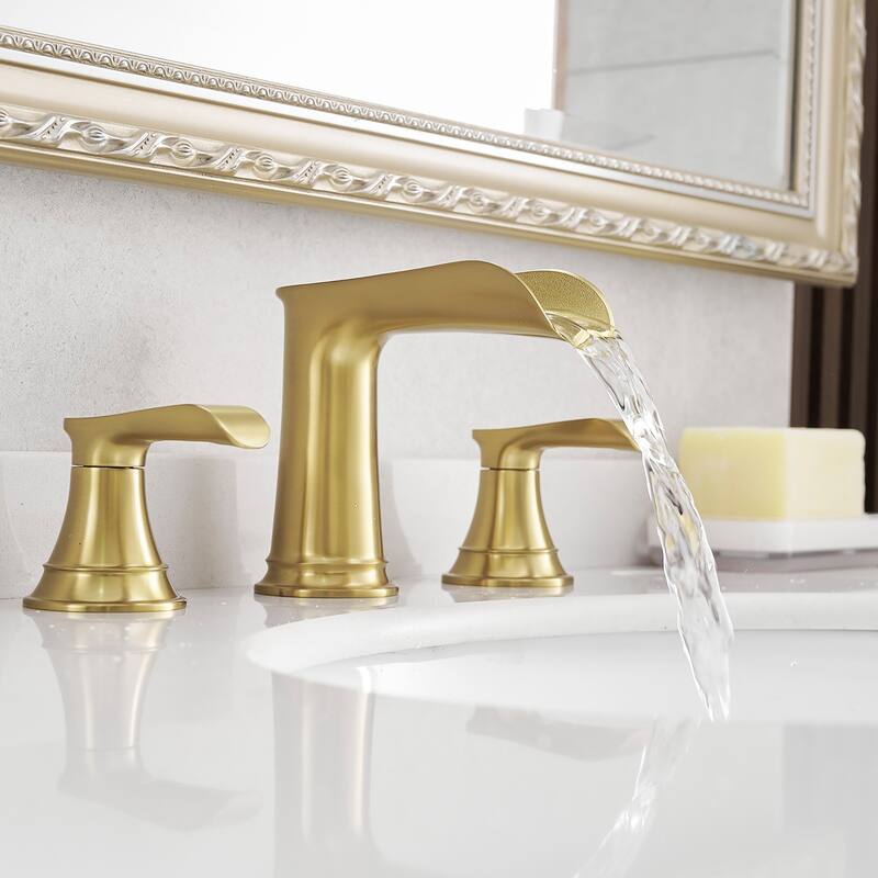 Double Handle Three-Hole Bath Waterfall Faucet with Drain - Brushed Gold