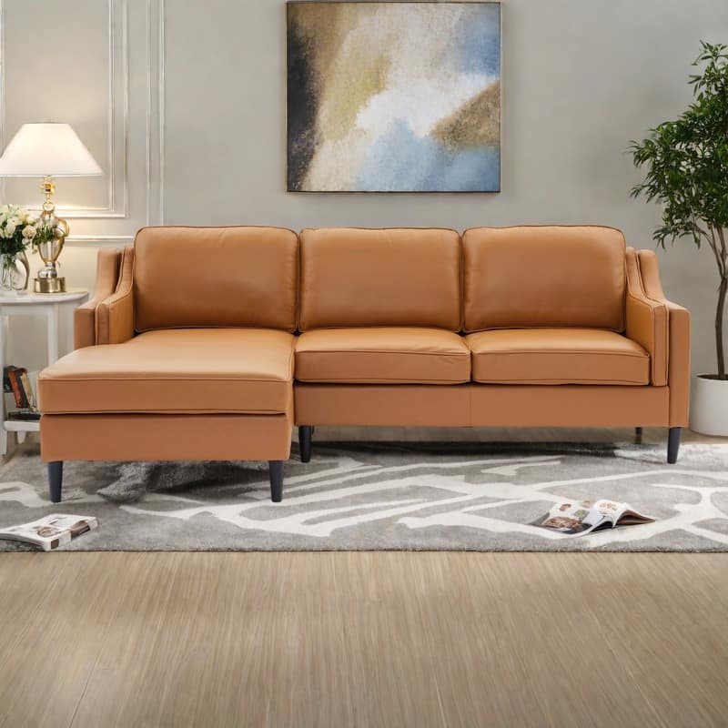 94.5" Genuine Leather L-Shaped Sectional Sofa with Left Chaise Lounge and Modern Design - Tan