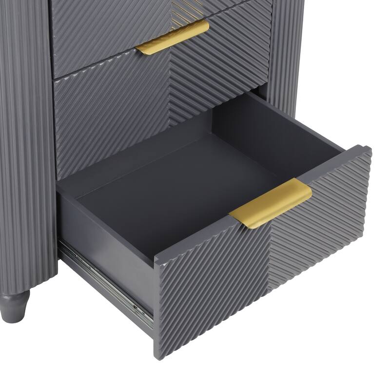 Mid-Century Fluted 3-Drawer Nightstand - Curved Profile + Gold Glossy Handles, Easy Assembly (Dark Gray)