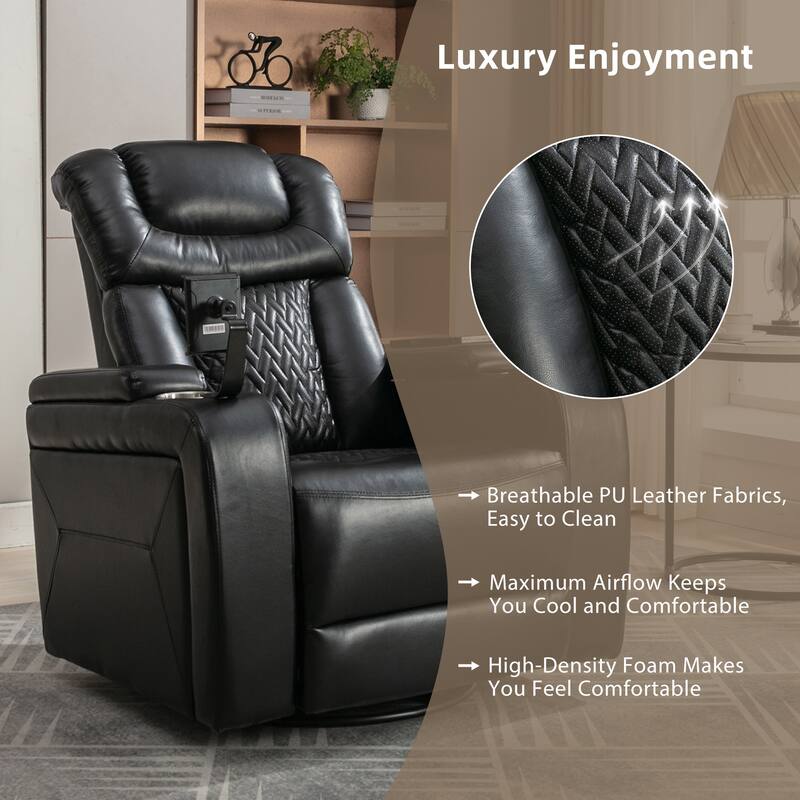 270° Swivel PU Leather Power Recliner with Phone Holder, Cup Holder, USB Port Home Theater Recliner for Living Room