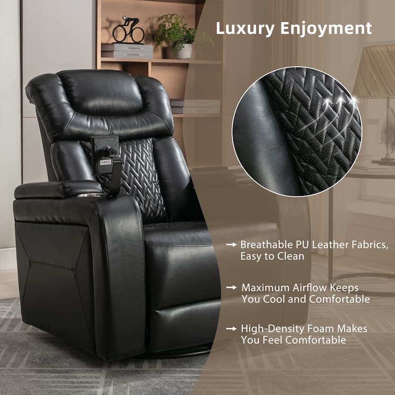 Degree Swivel PU Leather Power Recliner Individual Seat Home Theater Recliner with Tray Table,Cup Holder,Hidden Arm Storage