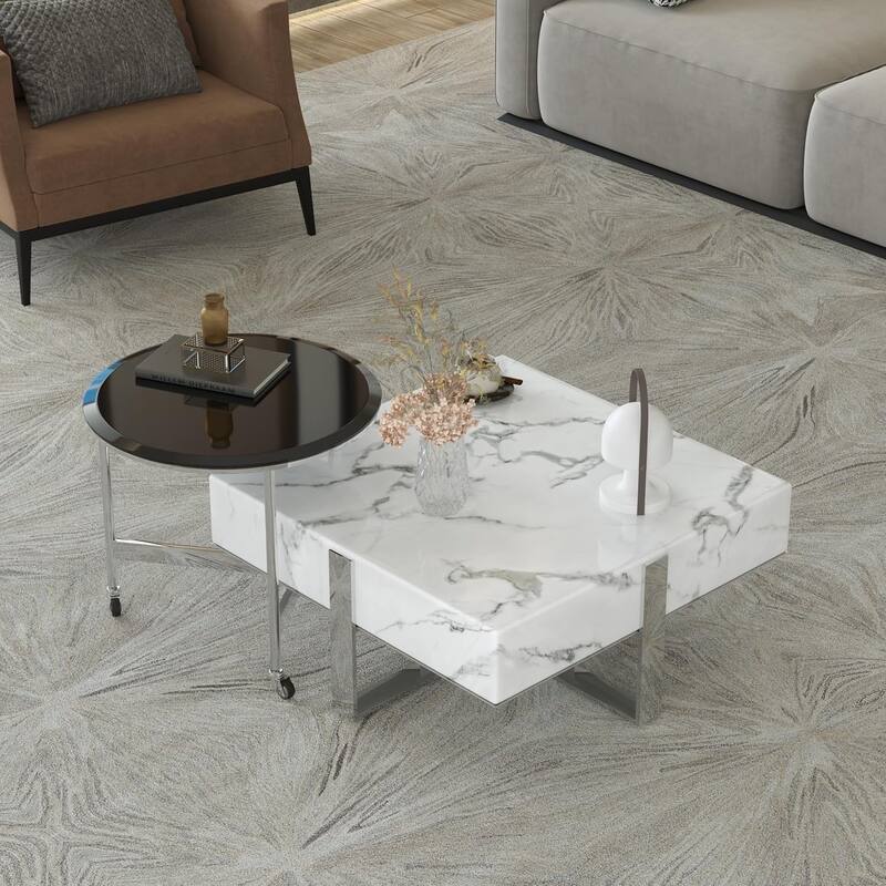 Modern Luxury Square Faux Marble Coffee Table Set Nesting Coffee Table with End Table