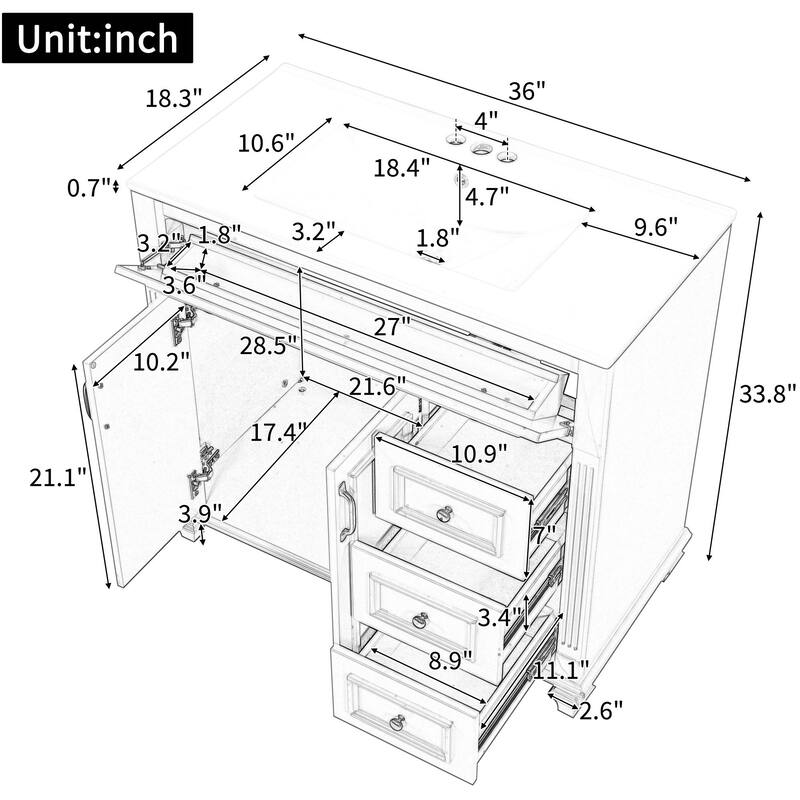 36" Bathroom Vanity with Sink, Cabinet, Flip-Out Drawer, 3 Drawers & 2 Soft-Close Doors