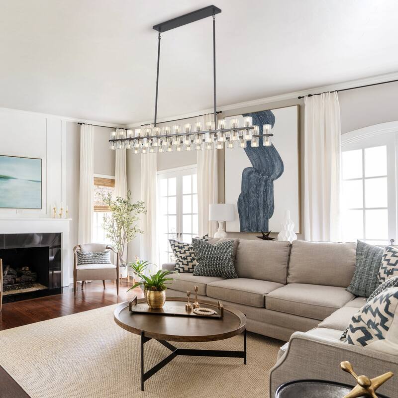 57.09-inch 56-light modern and stylish linear metal chandelier with crystal lampshades