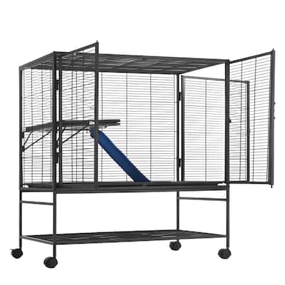 Black Iron & Plastic Pet Cage with Ramp, Wheels & Large Storage Shelf - 36.2"x22.8"x39.4"