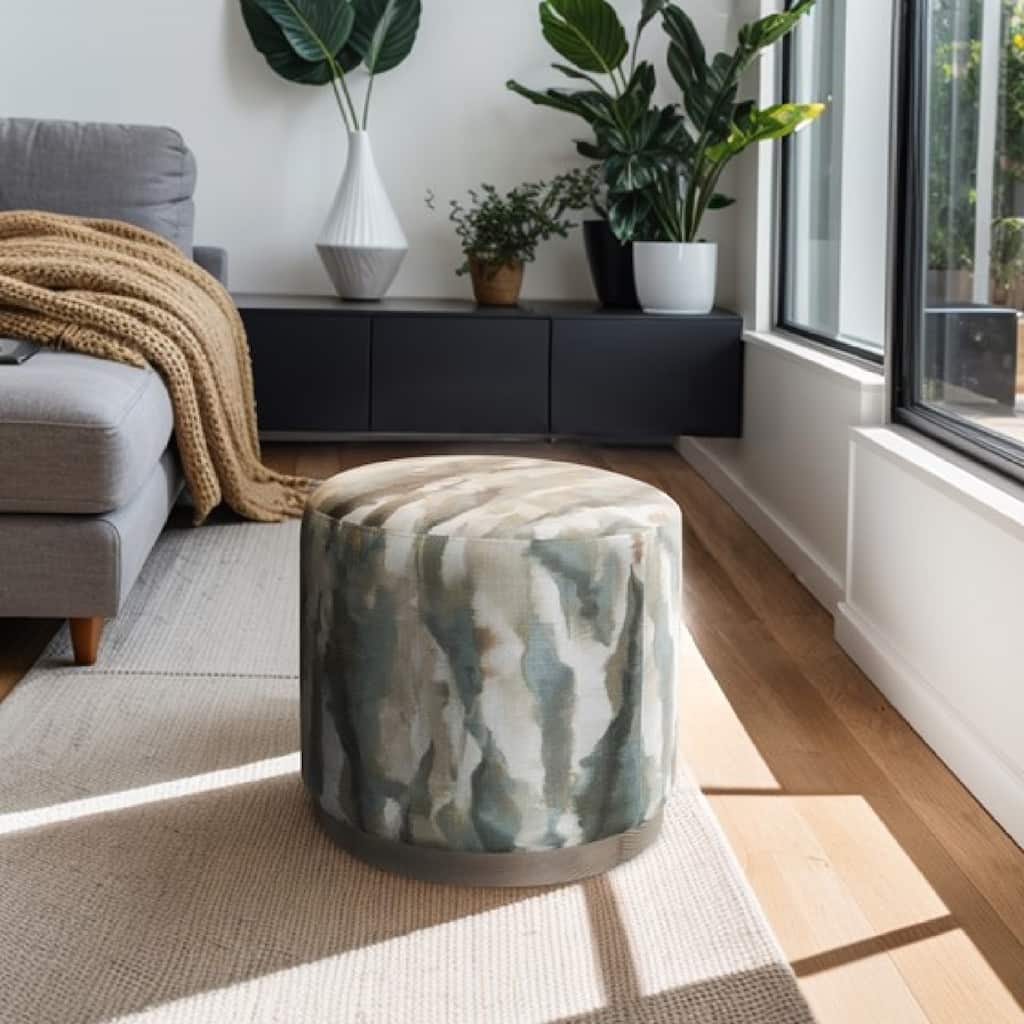 Roomfitters Modern Oval Accent Ottoman, 22-Inch Upholstered Fabric Footstool with Natural Red Oak Base, Abstract Multi Color