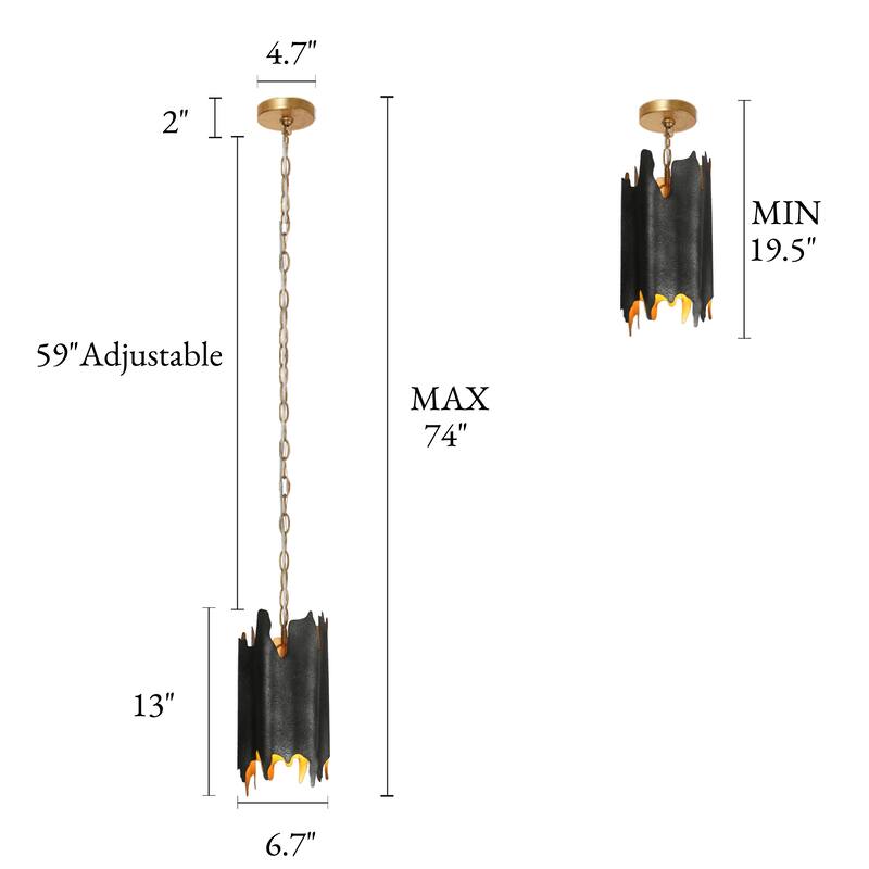 Modern 1-Light Black Gold Irregular Drum Pendant with Adjustable Chain for Kitchen Island
