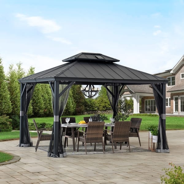 slide 2 of 16, Sunjoy Patio Hardtop Gazeb with Netting and Curtain