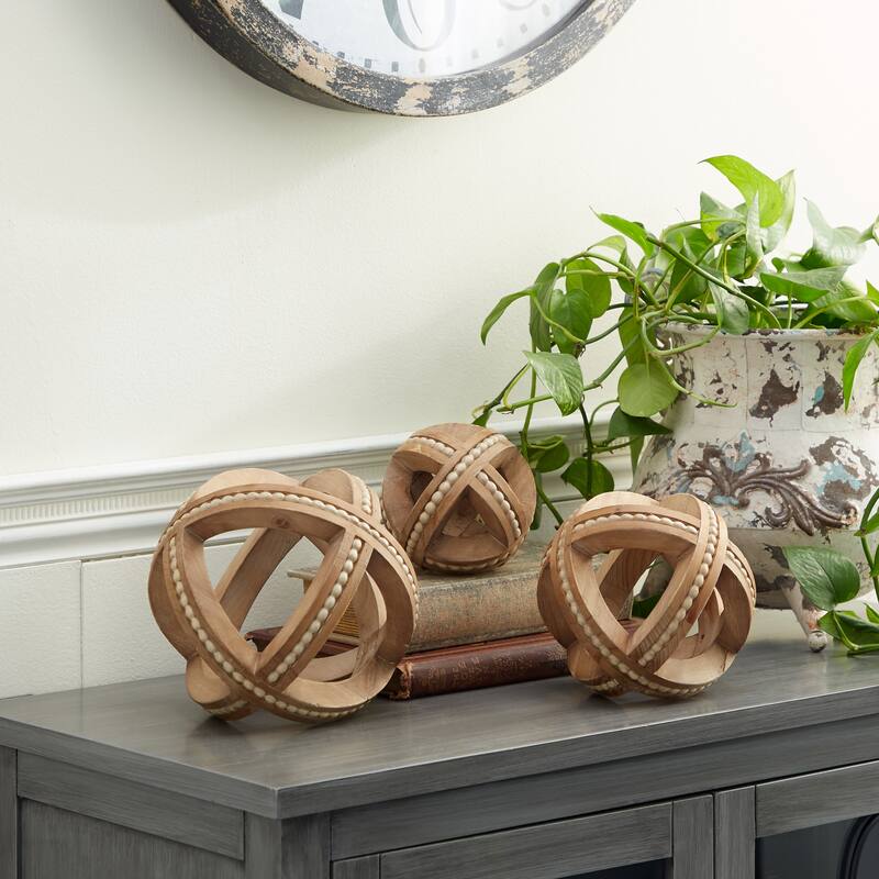 Light Brown Wood Handmade Beaded Geometric Decorative Sculpture (Set of 3) - Light Brown