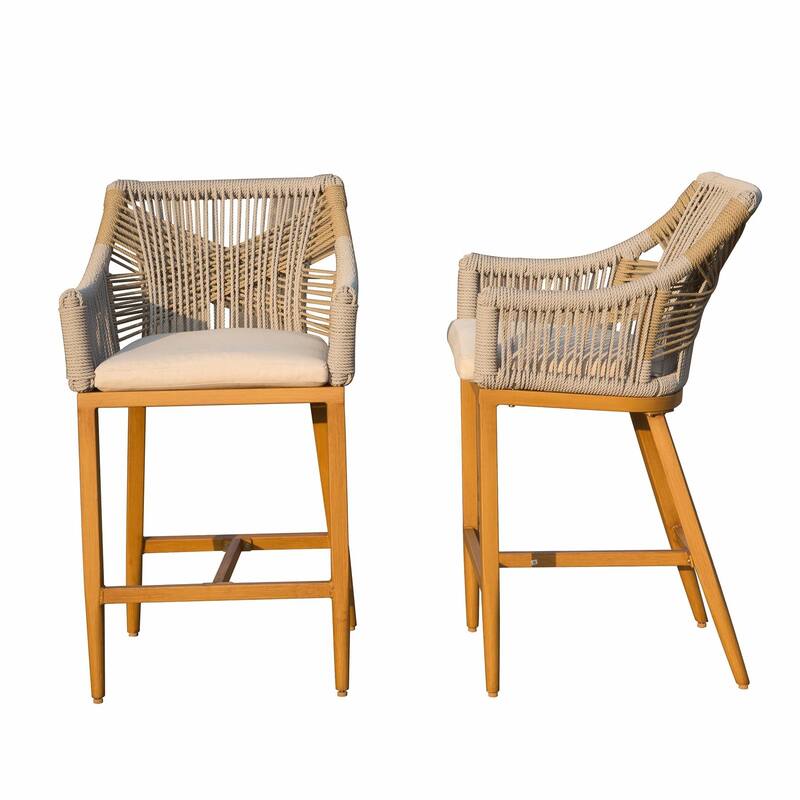 Set of 2 Outdoor Counter Height Bar Stools with Armrest, Backrest, and Cushions - Counter Height - Khaki - Set of 2