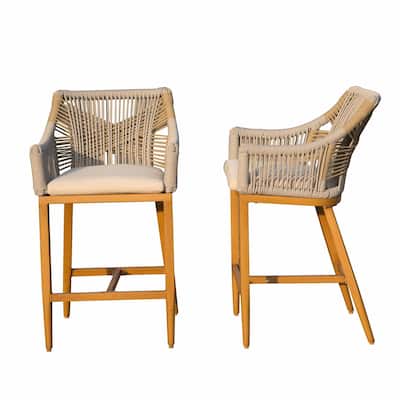 Set of 2 Outdoor Counter Height Bar Stools with Armrest, Backrest, and Cushions
