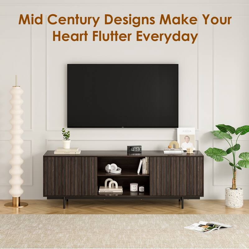 Mid Century Modern TV Stand for TVs Up to 75", Farmhouse Fluted TV Stand, Retro Wood TV Stand with Storage and Shelf