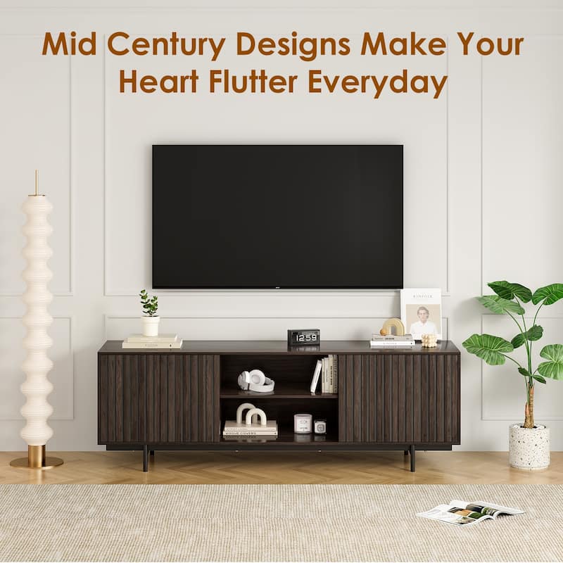 Retro Wooden TV Stand for TVs Up to 75", Fluted Media Cabinet with Storage and Shelf