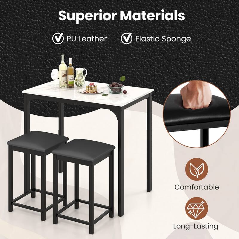 Gymax 3 PCS Counter Height Dining Set Faux Marble Table & 2 Chairs