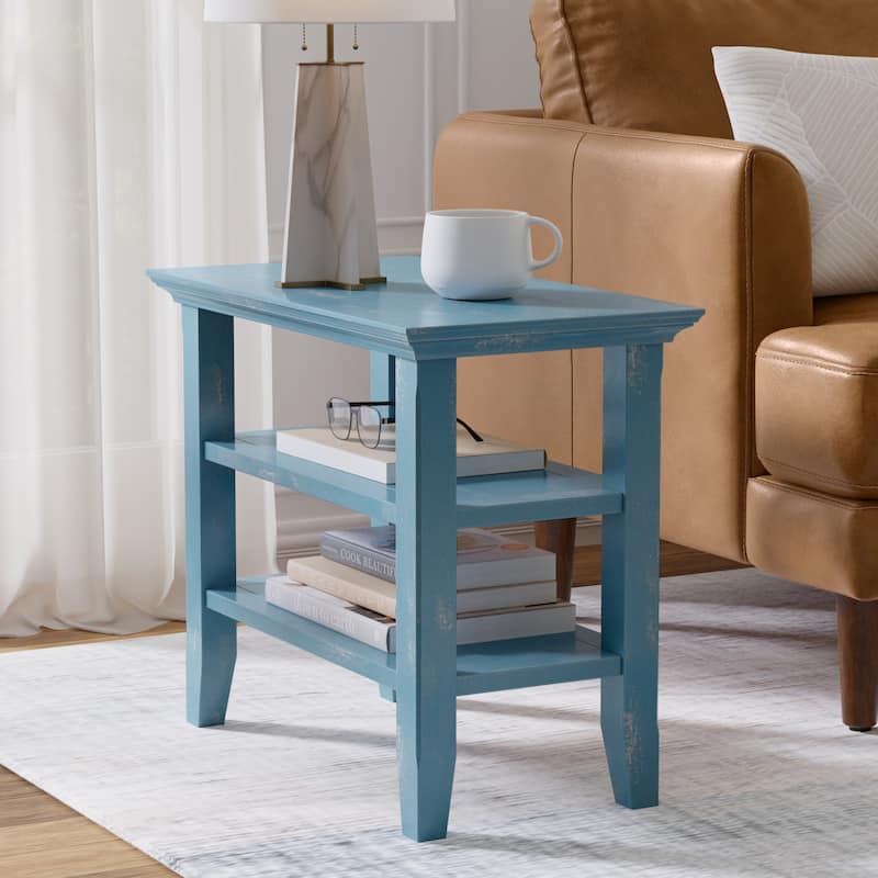WYNDENHALL Normandy 14 inch Wide Solid Wood Transitional Narrow Side Table - 14"W x 24"D x 20"H - Distressed Coastal Blue