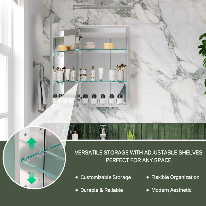 16x24 in Mirrored Medicine Cabinet, Copper-Free, Soft-Close Blum Hinges, Recessed/Surface, Anodized Chrome